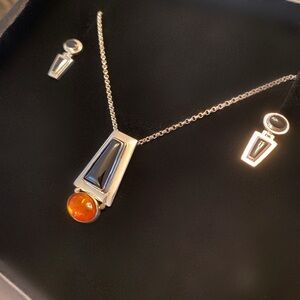 Jay King DTR Sterling Silver Black Onyx and Amber Pendant and Earrings